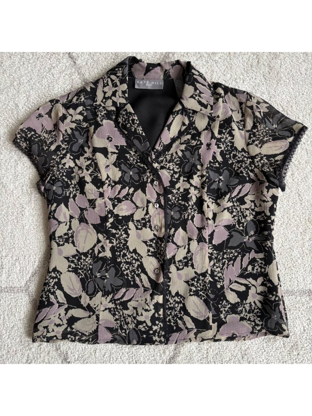 Kate Hill Petite 100% Silk Floral Blouse Black/Lavender Cap Sleeve 2P